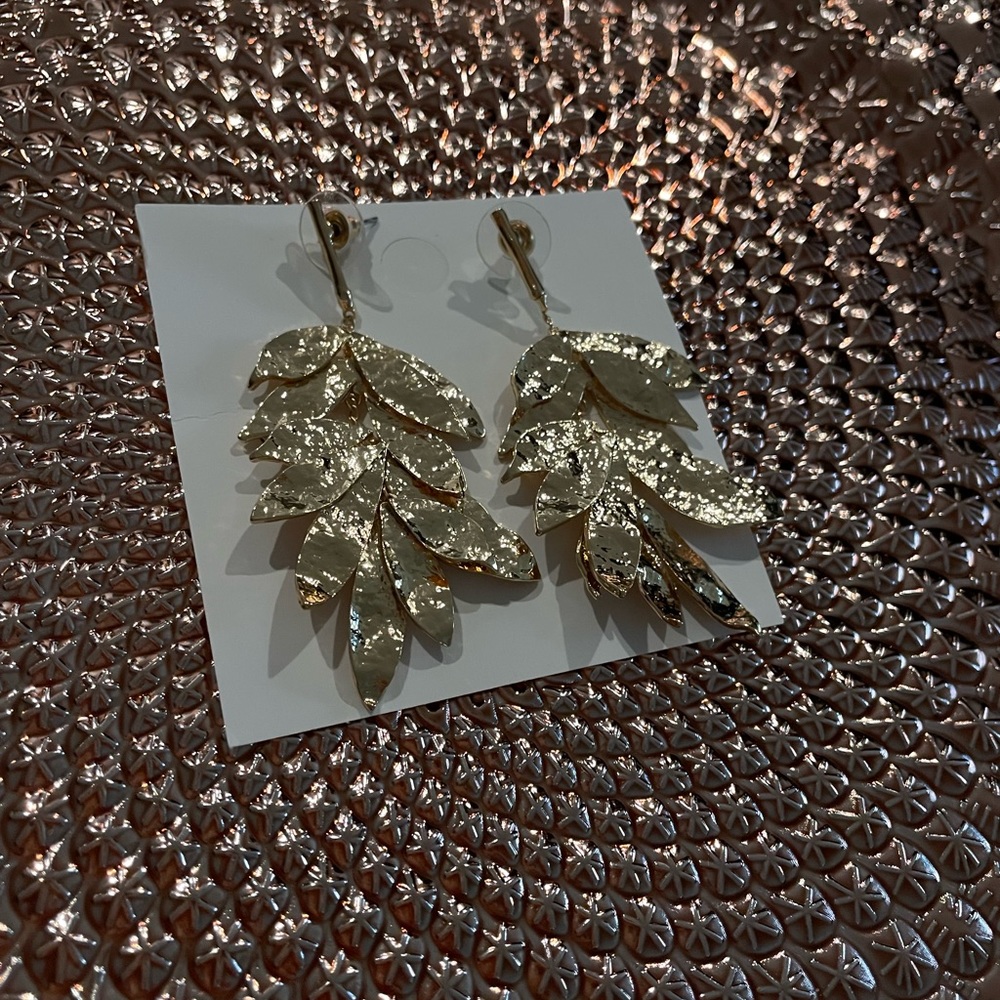 Golden Metal Leaves Statement Earrings